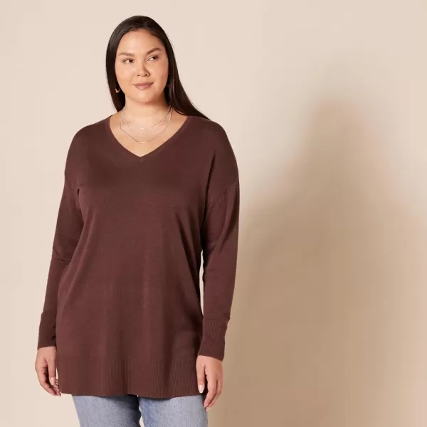 Amazon Essentials Womens Lightweight LongSleeve VNeck Tunic Sweater Available in Plus SizeDark Chestnut Brown Heather