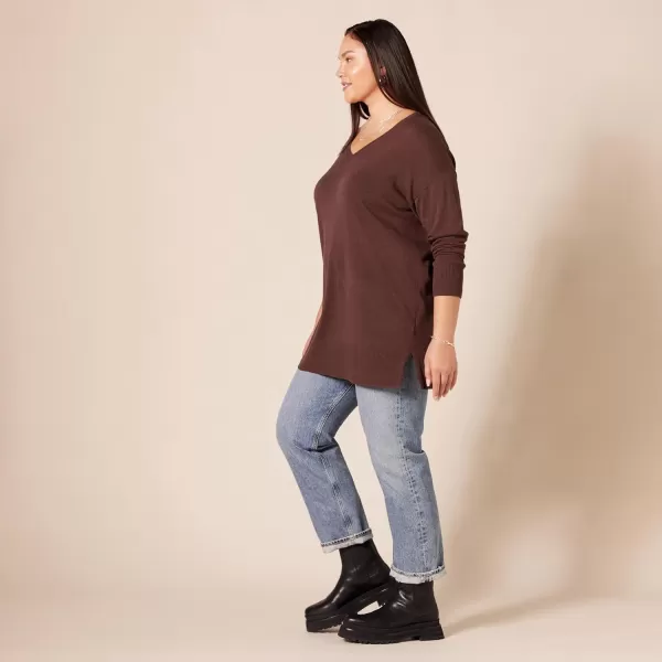 Amazon Essentials Womens Lightweight LongSleeve VNeck Tunic Sweater Available in Plus SizeDark Chestnut Brown Heather