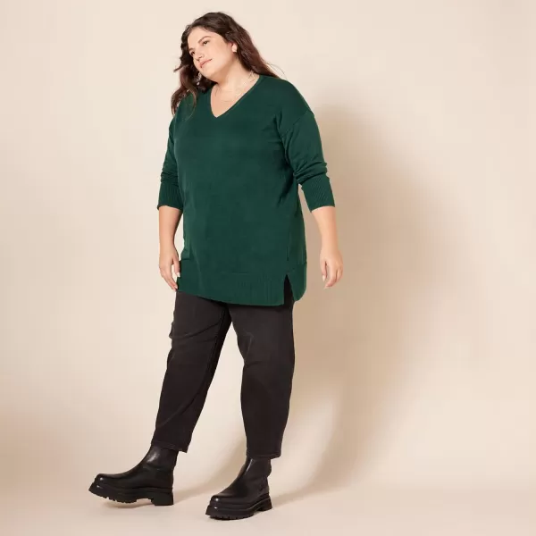 Amazon Essentials Womens Lightweight LongSleeve VNeck Tunic Sweater Available in Plus SizeDark Green