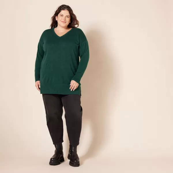 Amazon Essentials Womens Lightweight LongSleeve VNeck Tunic Sweater Available in Plus SizeDark Green