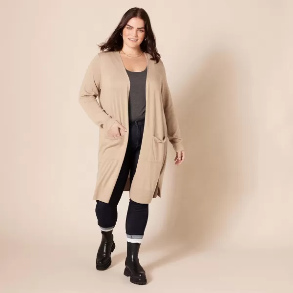 Amazon Essentials Womens Lightweight Longer Length Cardigan Sweater Available in Plus SizeCamel Heather