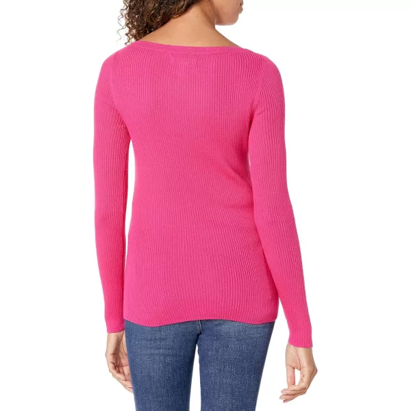 Amazon Essentials Womens Lightweight Ribbed LongSleeve Boat Neck SlimFit SweaterBright Pink