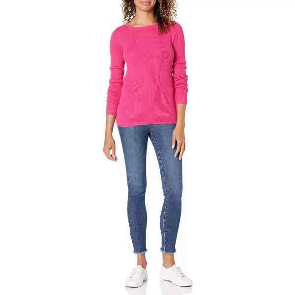 Amazon Essentials Womens Lightweight Ribbed LongSleeve Boat Neck SlimFit SweaterBright Pink