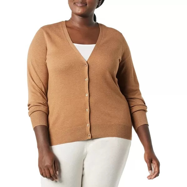 Amazon Essentials Womens Lightweight VNeck Cardigan Sweater Available in Plus SizeCamel Heather