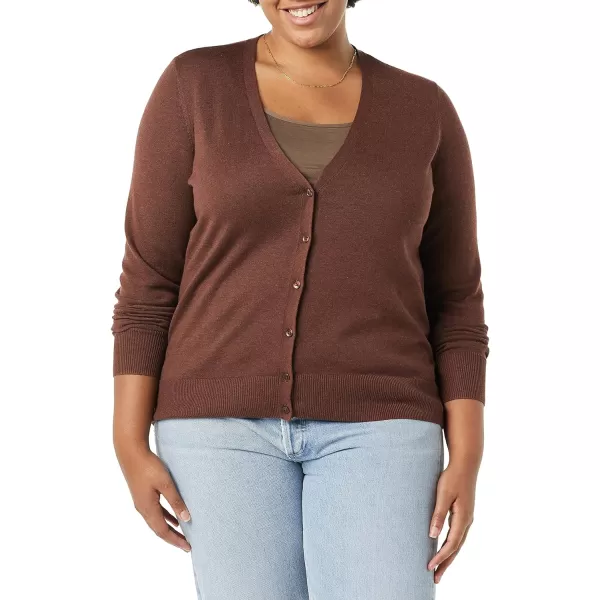 Amazon Essentials Womens Lightweight VNeck Cardigan Sweater Available in Plus SizeDark Chestnut Brown Heather