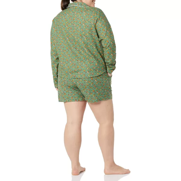 Amazon Essentials Womens Lightweight Woven Flannel Pajama Set with ShortsGreen Squirrel