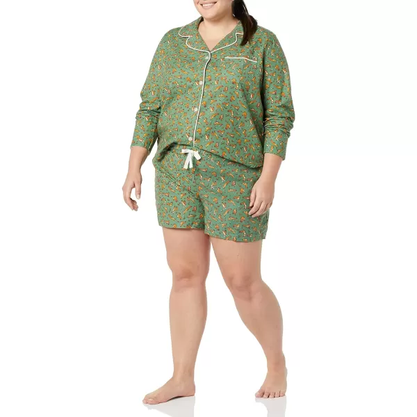 Amazon Essentials Womens Lightweight Woven Flannel Pajama Set with ShortsGreen Squirrel