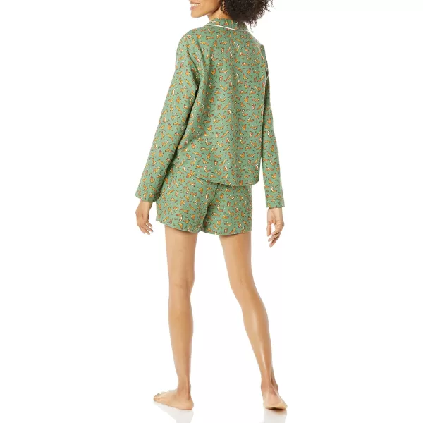 Amazon Essentials Womens Lightweight Woven Flannel Pajama Set with ShortsGreen Squirrel