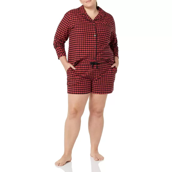 Amazon Essentials Womens Lightweight Woven Flannel Pajama Set with ShortsRedBlack Mini Buffalo Plaid