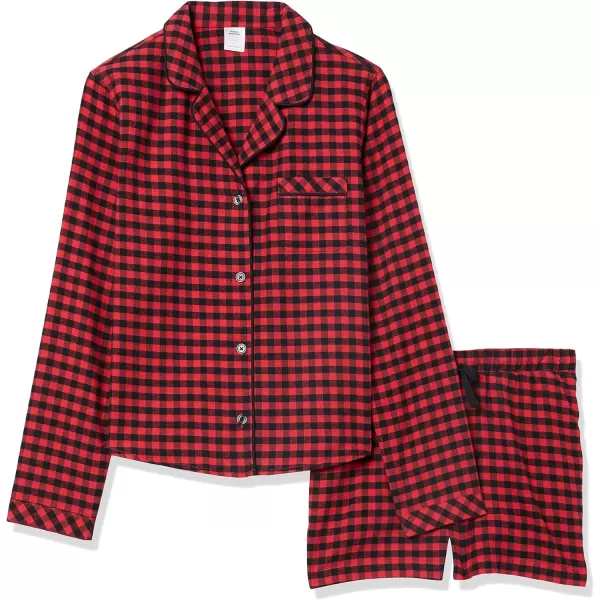 Amazon Essentials Womens Lightweight Woven Flannel Pajama Set with ShortsRedBlack Mini Buffalo Plaid