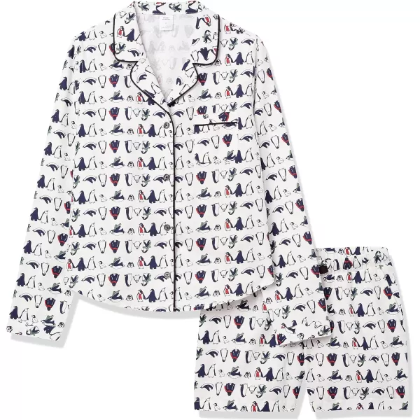 Amazon Essentials Womens Lightweight Woven Flannel Pajama Set with ShortsWhite Penguin