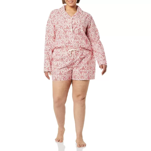 Amazon Essentials Womens Lightweight Woven Flannel Pajama Set with ShortsWhiteRed Forest