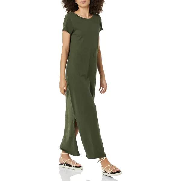 Amazon Essentials Womens Livedin Cotton RelaxedFit ShortSleeve Crewneck Maxi Dress Previously Daily RitualDark Olive