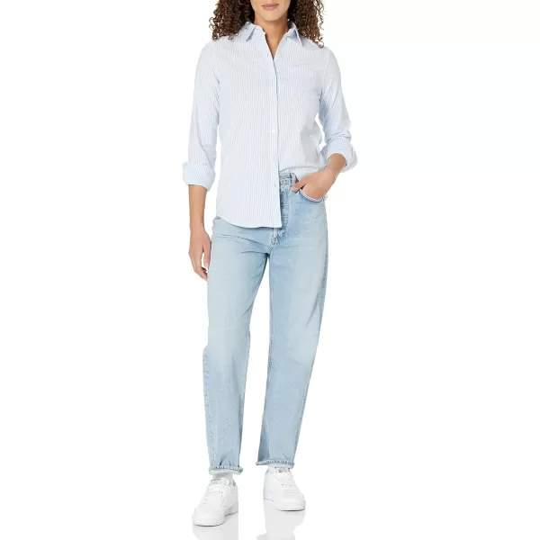 Amazon Essentials Womens Long Sleeve Button Down Stretch Oxford Shirt Available in Plus SizeBlue White Stripe