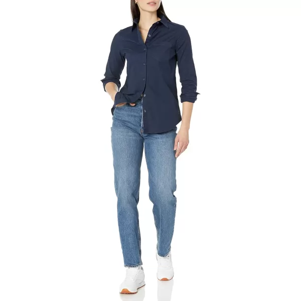 Amazon Essentials Womens Long Sleeve Button Down Stretch Oxford Shirt Available in Plus SizeNavy