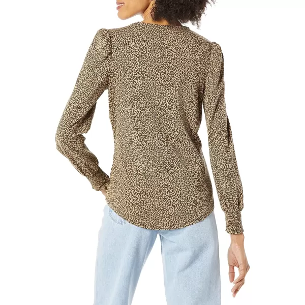 Amazon Essentials Womens LongSleeve Crewneck Smocked Cuff TShirtCamel Cheetah