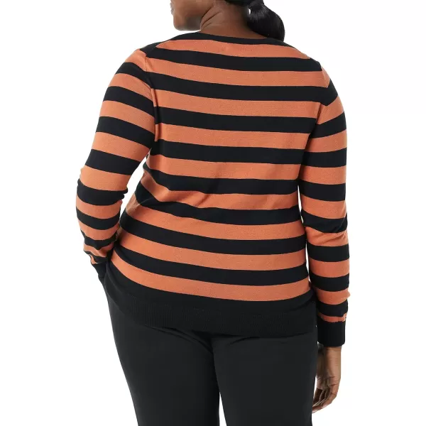 Amazon Essentials Womens LongSleeve Lightweight Crewneck Sweater Available in Plus SizeBlack Caramel Rugby Stripe