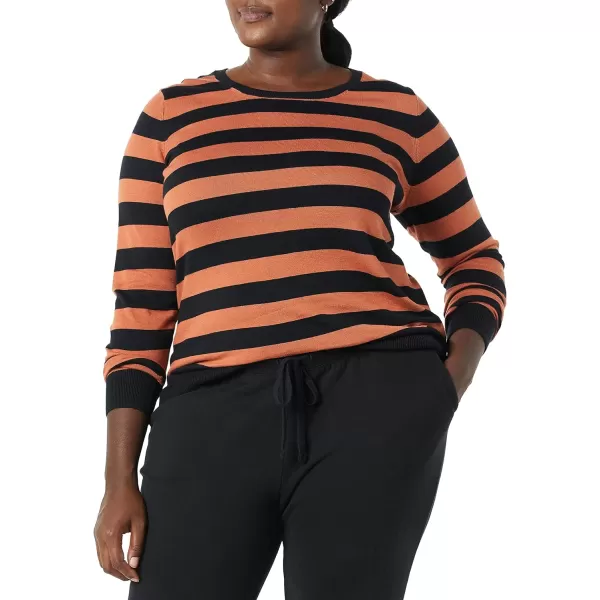 Amazon Essentials Womens LongSleeve Lightweight Crewneck Sweater Available in Plus SizeBlack Caramel Rugby Stripe