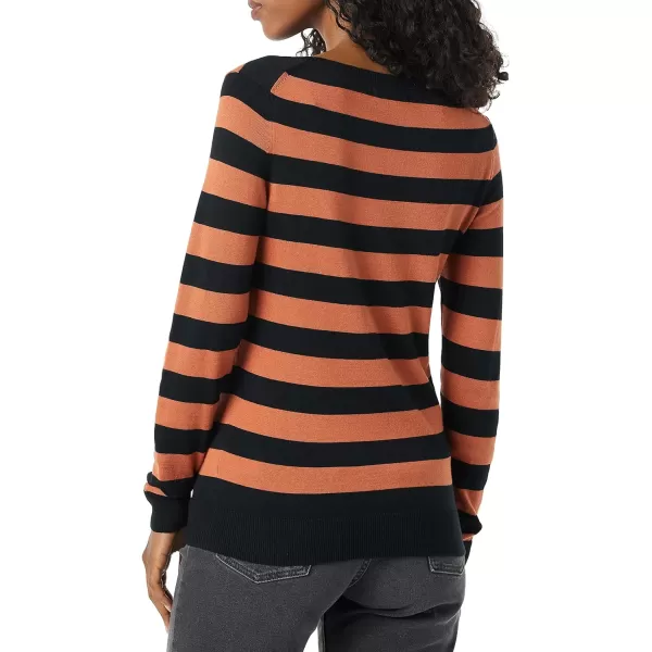 Amazon Essentials Womens LongSleeve Lightweight Crewneck Sweater Available in Plus SizeBlack Caramel Rugby Stripe