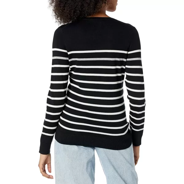 Amazon Essentials Womens LongSleeve Lightweight Crewneck Sweater Available in Plus SizeBlack Grey White Stripe