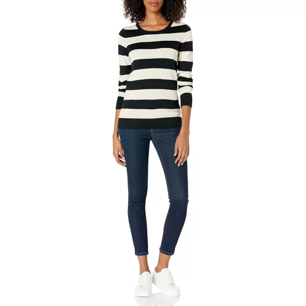 Amazon Essentials Womens LongSleeve Lightweight Crewneck Sweater Available in Plus SizeBlack Oatmeal Heather Rugby Stripe