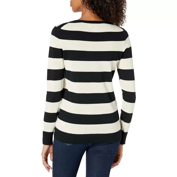 Amazon Essentials Womens LongSleeve Lightweight Crewneck Sweater Available in Plus SizeBlack Oatmeal Heather Rugby Stripe