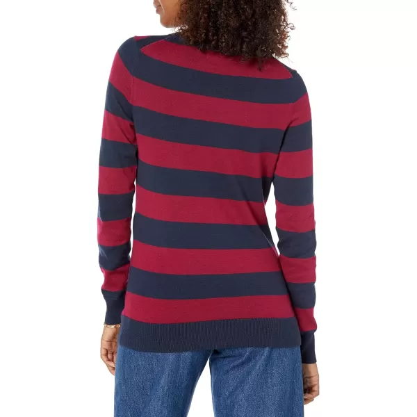 Amazon Essentials Womens LongSleeve Lightweight Crewneck Sweater Available in Plus SizeBurgundy Navy Rugby Stripe