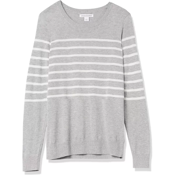 Amazon Essentials Womens LongSleeve Lightweight Crewneck Sweater Available in Plus SizeLight Grey Heather White Placed Stripe