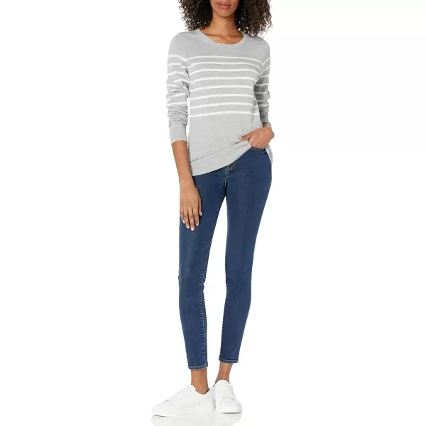 Amazon Essentials Womens LongSleeve Lightweight Crewneck Sweater Available in Plus SizeLight Grey Heather White Placed Stripe