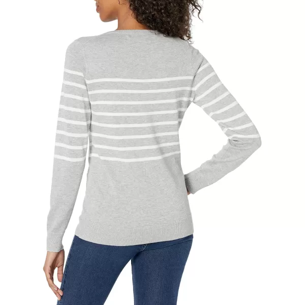 Amazon Essentials Womens LongSleeve Lightweight Crewneck Sweater Available in Plus SizeLight Grey Heather White Placed Stripe