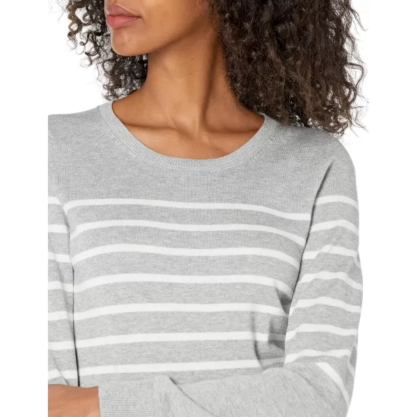 Amazon Essentials Womens LongSleeve Lightweight Crewneck Sweater Available in Plus SizeLight Grey Heather White Placed Stripe