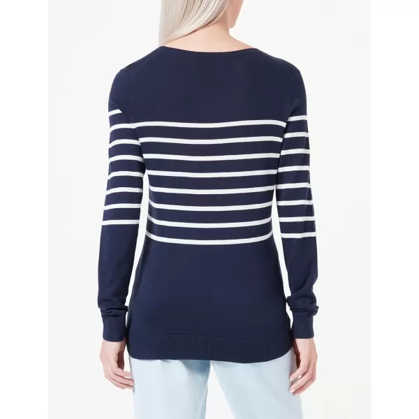 Amazon Essentials Womens LongSleeve Lightweight Crewneck Sweater Available in Plus SizeNavy White Placed Stripe