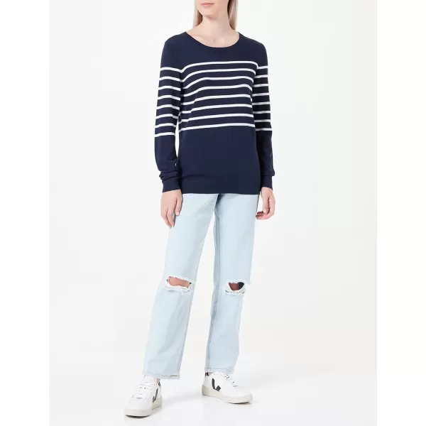 Amazon Essentials Womens LongSleeve Lightweight Crewneck Sweater Available in Plus SizeNavy White Placed Stripe