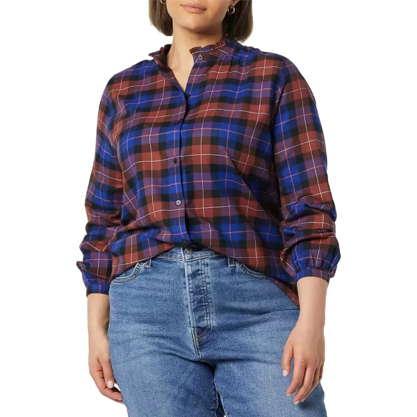 Amazon Essentials Womens LongSleeve Ruffle Detail Flannel ShirtBlue Rust Windowpane Plaid