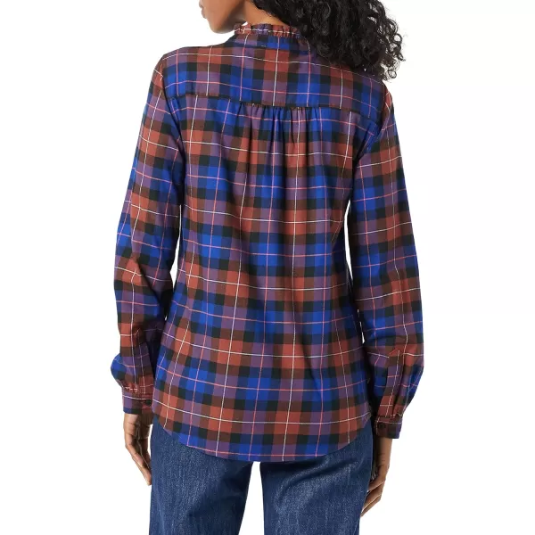 Amazon Essentials Womens LongSleeve Ruffle Detail Flannel ShirtBlue Rust Windowpane Plaid