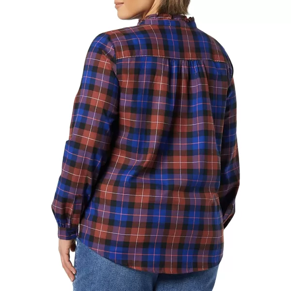 Amazon Essentials Womens LongSleeve Ruffle Detail Flannel ShirtBlue Rust Windowpane Plaid