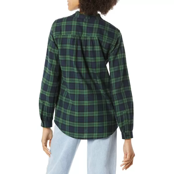 Amazon Essentials Womens LongSleeve Ruffle Detail Flannel ShirtGreen Navy Plaid