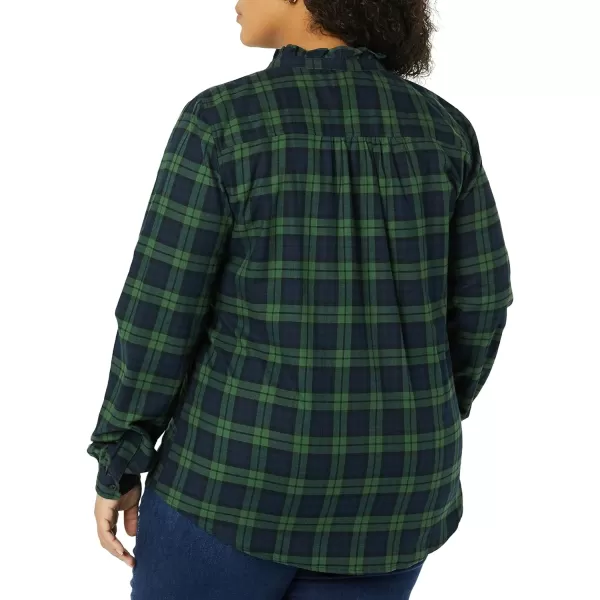 Amazon Essentials Womens LongSleeve Ruffle Detail Flannel ShirtGreen Navy Plaid