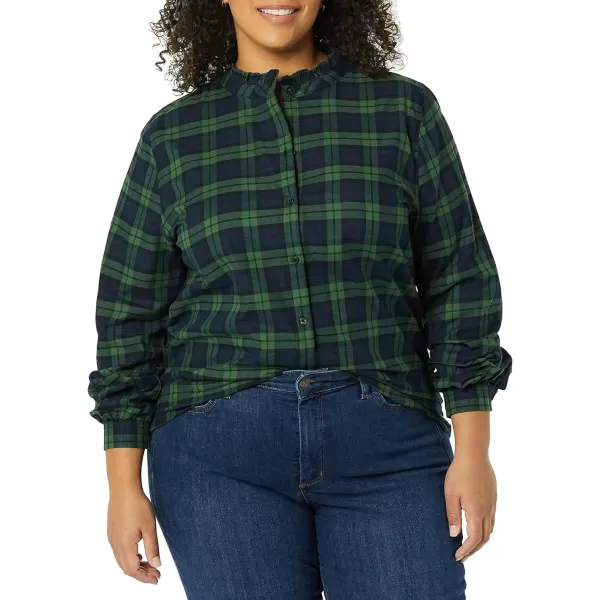 Amazon Essentials Womens LongSleeve Ruffle Detail Flannel ShirtGreen Navy Plaid