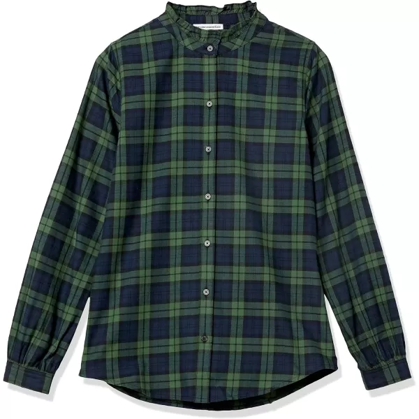 Amazon Essentials Womens LongSleeve Ruffle Detail Flannel ShirtGreen Navy Plaid