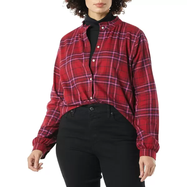 Amazon Essentials Womens LongSleeve Ruffle Detail Flannel ShirtRed Plaid