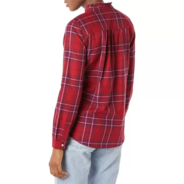 Amazon Essentials Womens LongSleeve Ruffle Detail Flannel ShirtRed Plaid