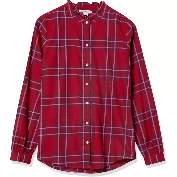 Amazon Essentials Womens LongSleeve Ruffle Detail Flannel ShirtRed Plaid