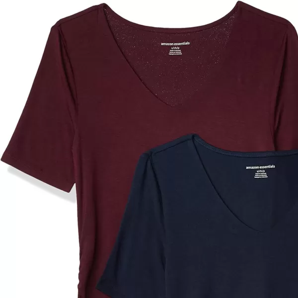 Amazon Essentials Womens Maternity ShortSleeve Rouched VNeck TShirt Pack of 2Sustainably Sourced Rayon Blend BurgundyNavy