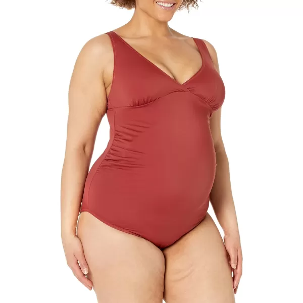 Amazon Essentials Womens Maternity VNeck SwimsuitBrick Red