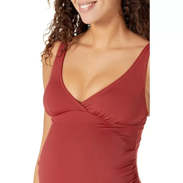 Amazon Essentials Womens Maternity VNeck SwimsuitBrick Red