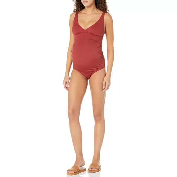 Amazon Essentials Womens Maternity VNeck SwimsuitBrick Red