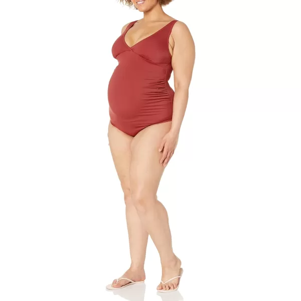 Amazon Essentials Womens Maternity VNeck SwimsuitBrick Red