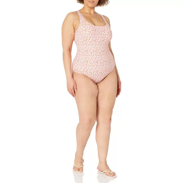 Amazon Essentials Womens OnePiece Coverage Swimsuit Available in Plus SizePale Peach Micro Floral