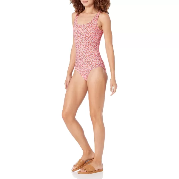 Amazon Essentials Womens OnePiece Coverage Swimsuit Available in Plus SizePale Peach Micro Floral